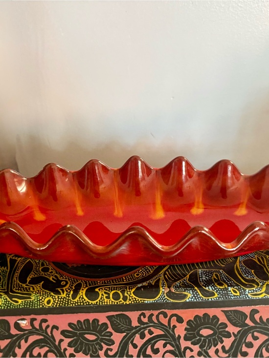 Other - Vintage MCM Canadian Art Pottery Leaf Tray – Fiery Flame Orange Drip Glaze